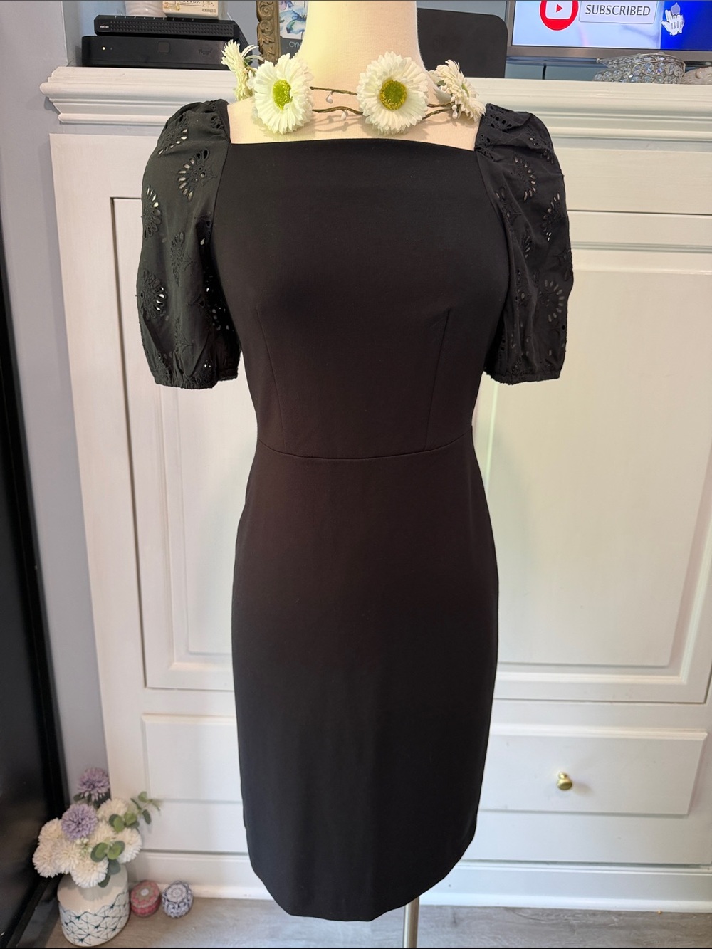 Ann Taylor Black Square-Neck Midi Dress with Eyelet Puff Sleeves